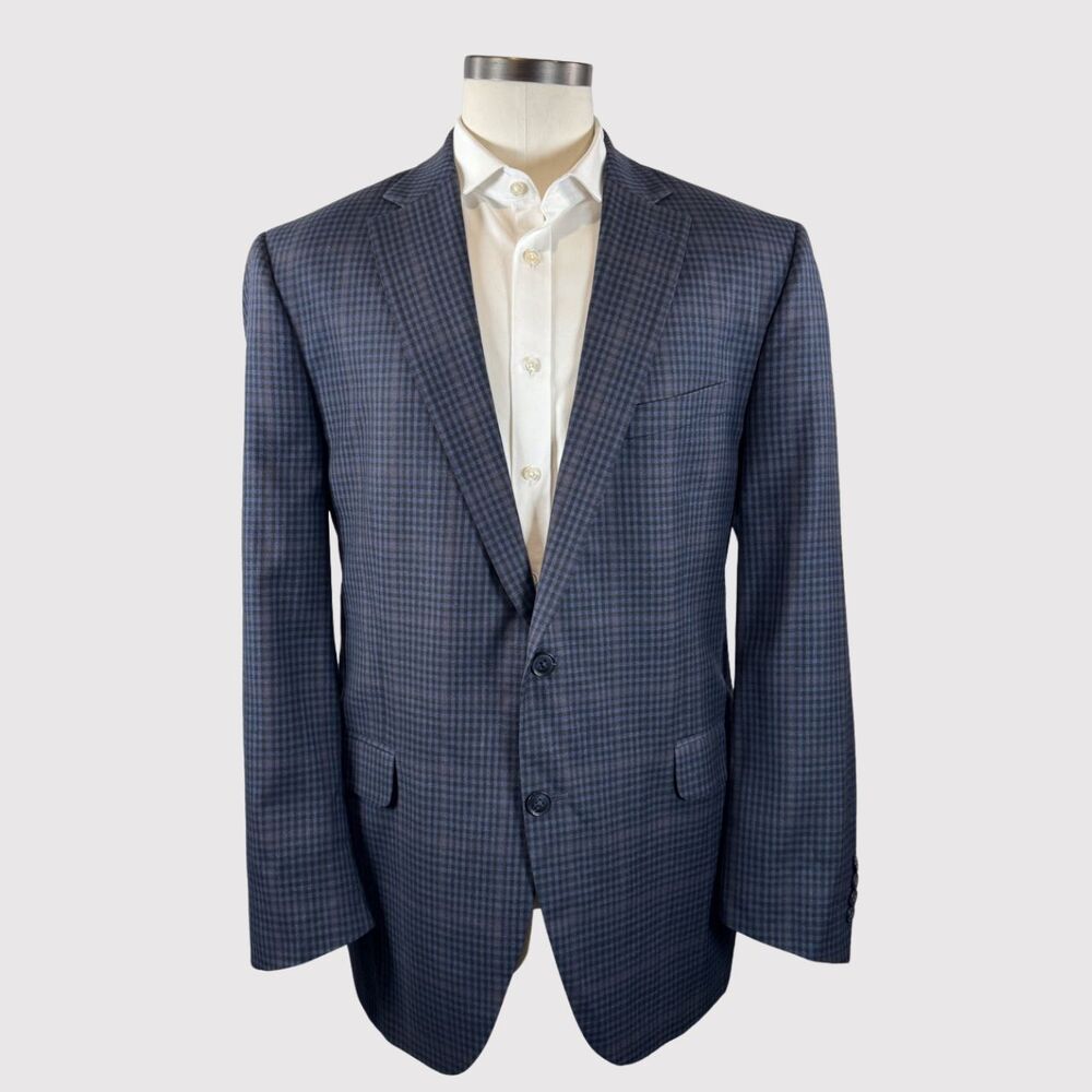 Peter Millar Mens Blazer Blue Plaid Sports Coat Two Button Wool Suit Jacket 44T